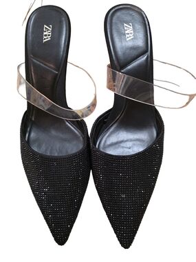 Zara Black Pointed Mule Heels with Clear Ankle Strap and Rhinestones